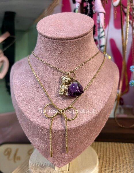 COLLANA FIOCCO/ORSETTO ROSA RESINATA