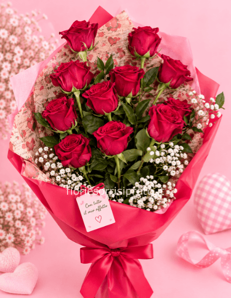 MAZZO DI 11 ROSE ROSSE CON GYPSOPHILA