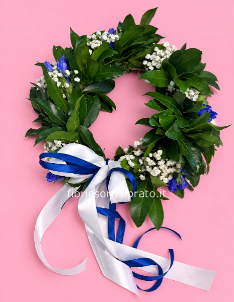 CORONA D'ALLORO CON GENZIANA BLU E GYPSOPHILA